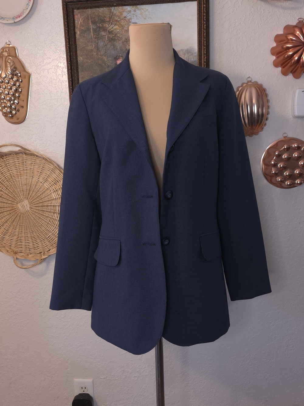 Vintage Liz Claiborne Lizsport Petite Navy Blue Longline Blazer Size 6 Preppy